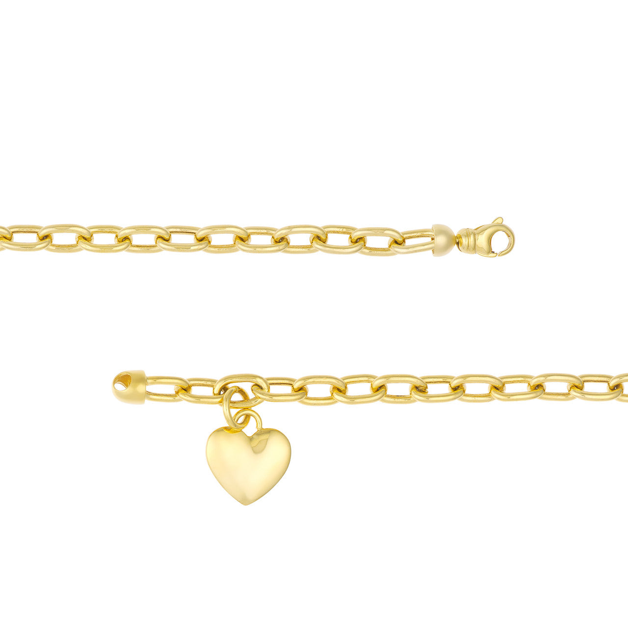 14k Gold Big Heart Charm Oval Link Bracelet