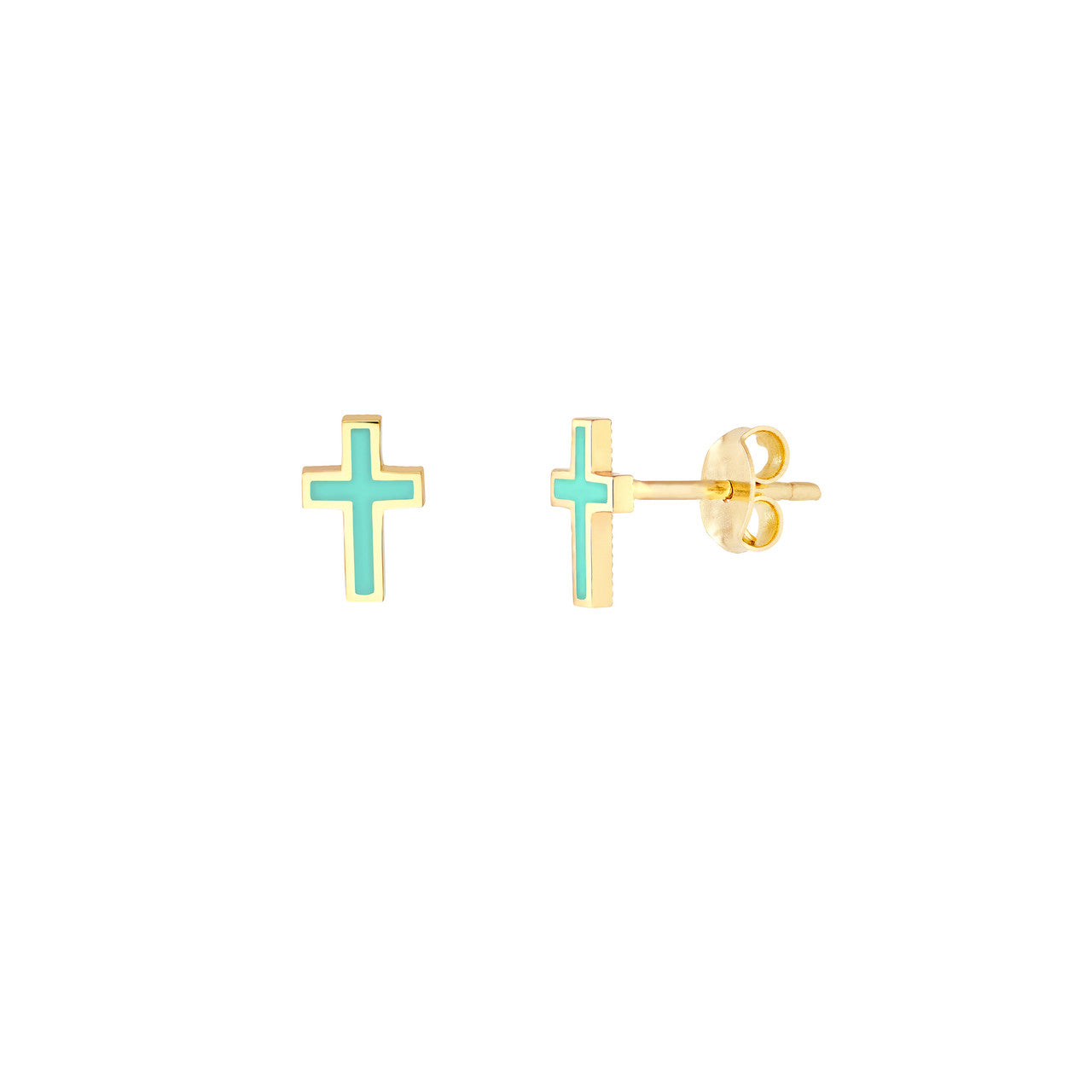 14k Gold Mint Green Enamel Cross Stud Earrings