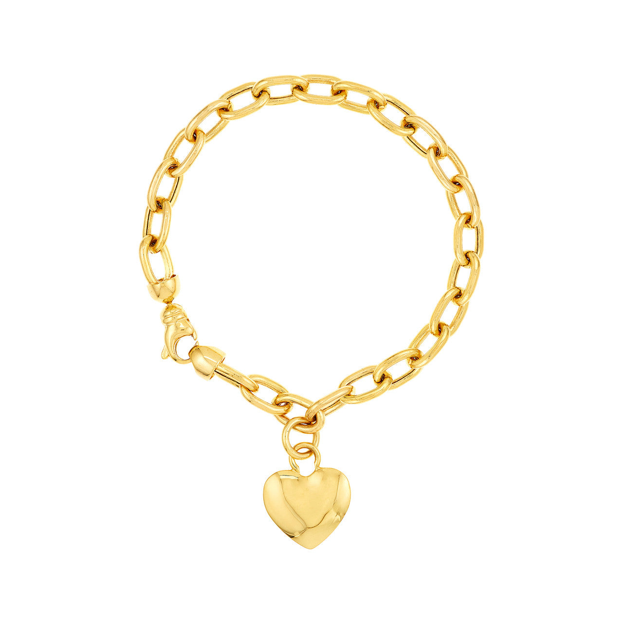 14k Gold Big Heart Charm Oval Link Bracelet