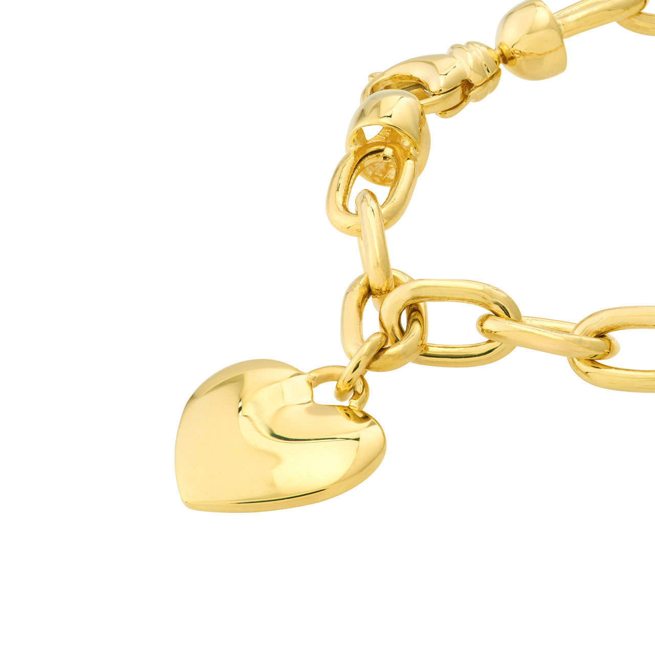 14k Gold Big Heart Charm Oval Link Bracelet