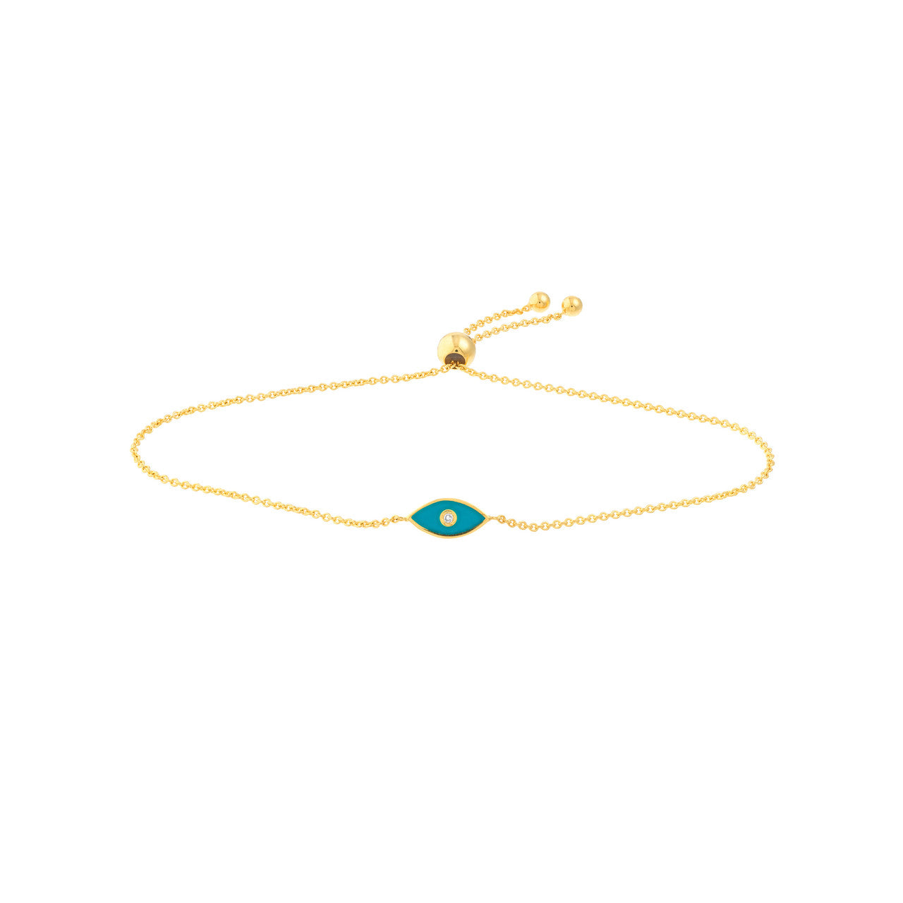 14k Gold Teal Enamel Evil Eye Bolo Bracelet With Diamond