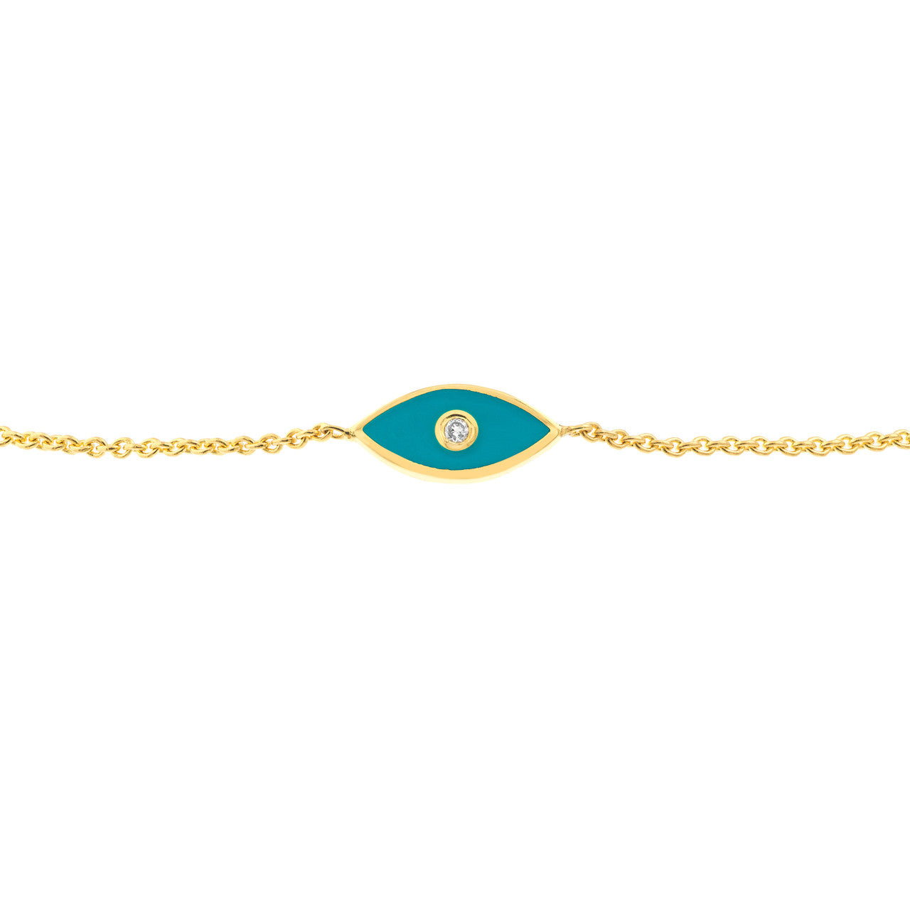 14k Gold Teal Enamel Evil Eye Bolo Bracelet With Diamond