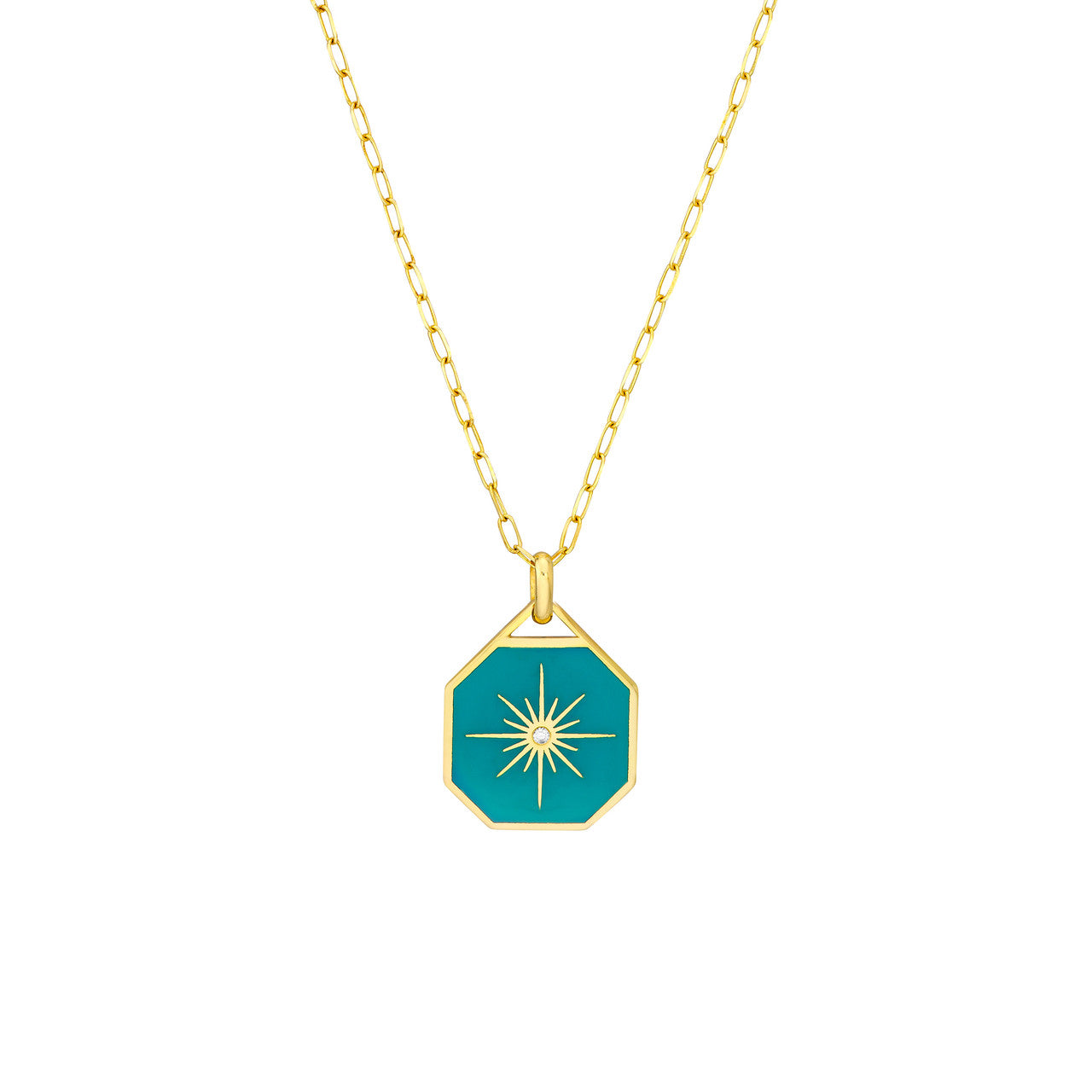 14k Gold Teal Enamel Starburst Pendant on Paperclip Chain