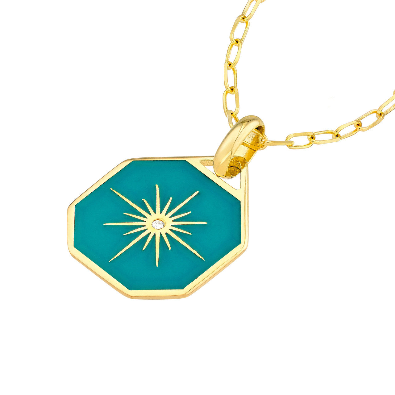 14k Gold Teal Enamel Starburst Pendant on Paperclip Chain