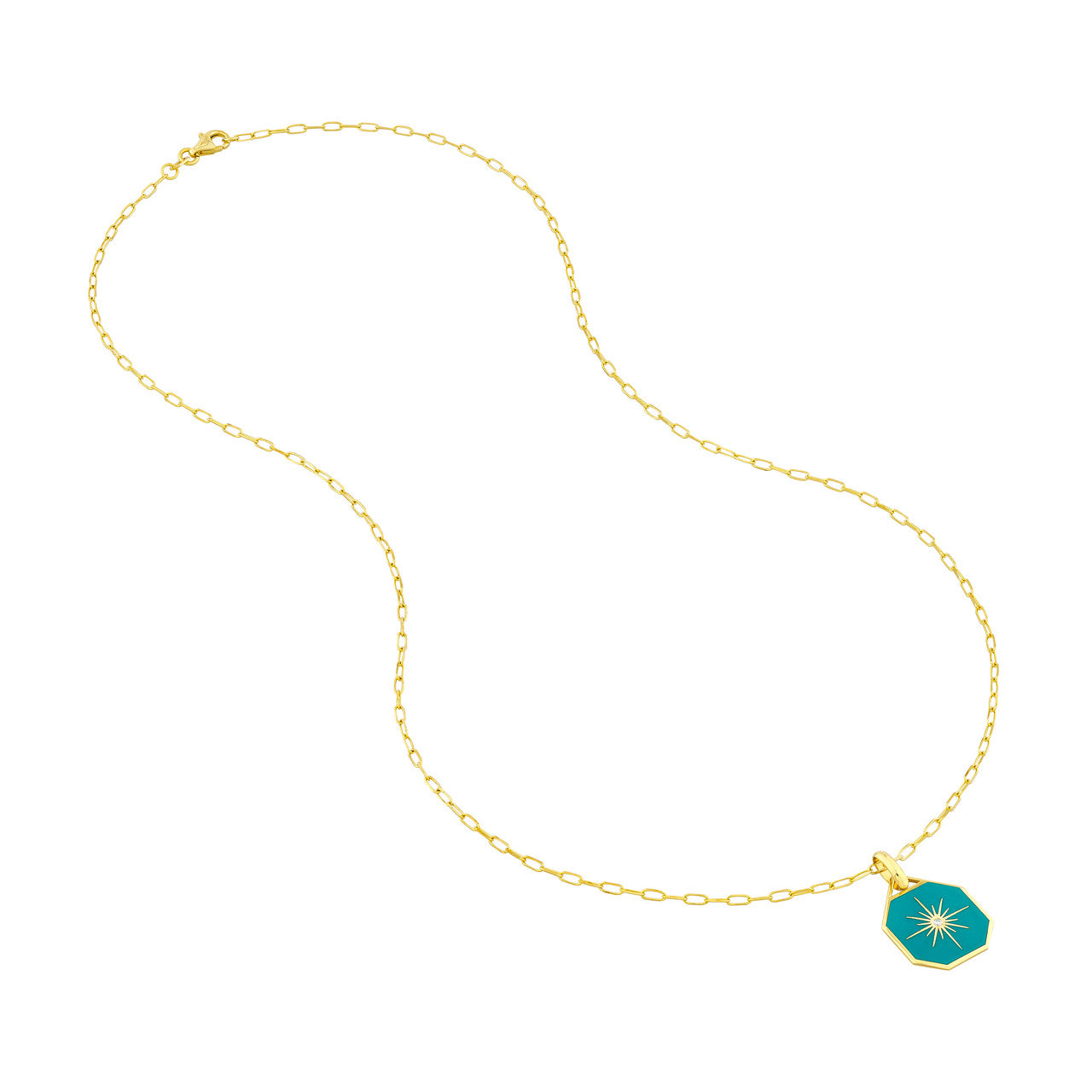 14k Gold Teal Enamel Starburst Pendant on Paperclip Chain