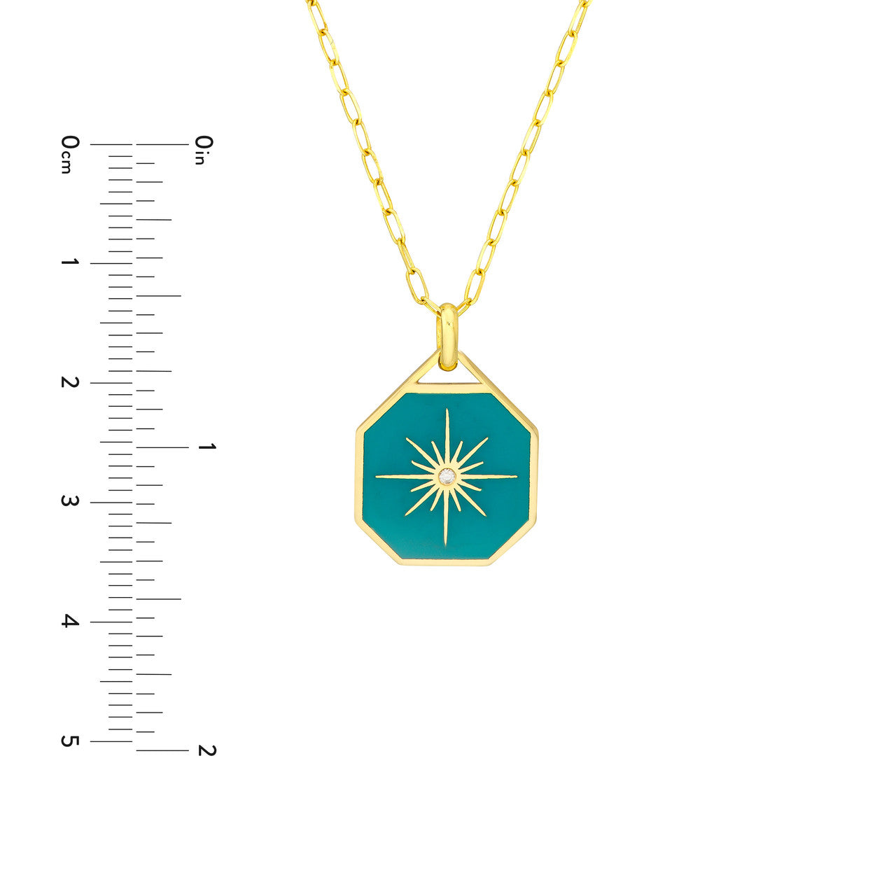 14k Gold Teal Enamel Starburst Pendant on Paperclip Chain