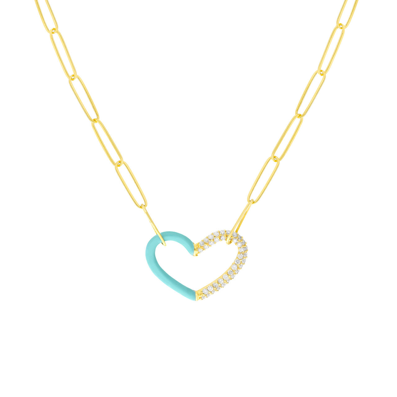 14k Gold Pave Diamond Baby Blue Enamel Heart Necklace