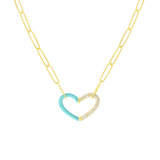 14k Gold Pave Diamond Baby Blue Enamel Heart Necklace