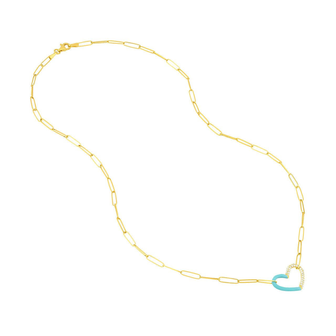 14k Gold Pave Diamond Baby Blue Enamel Heart Necklace