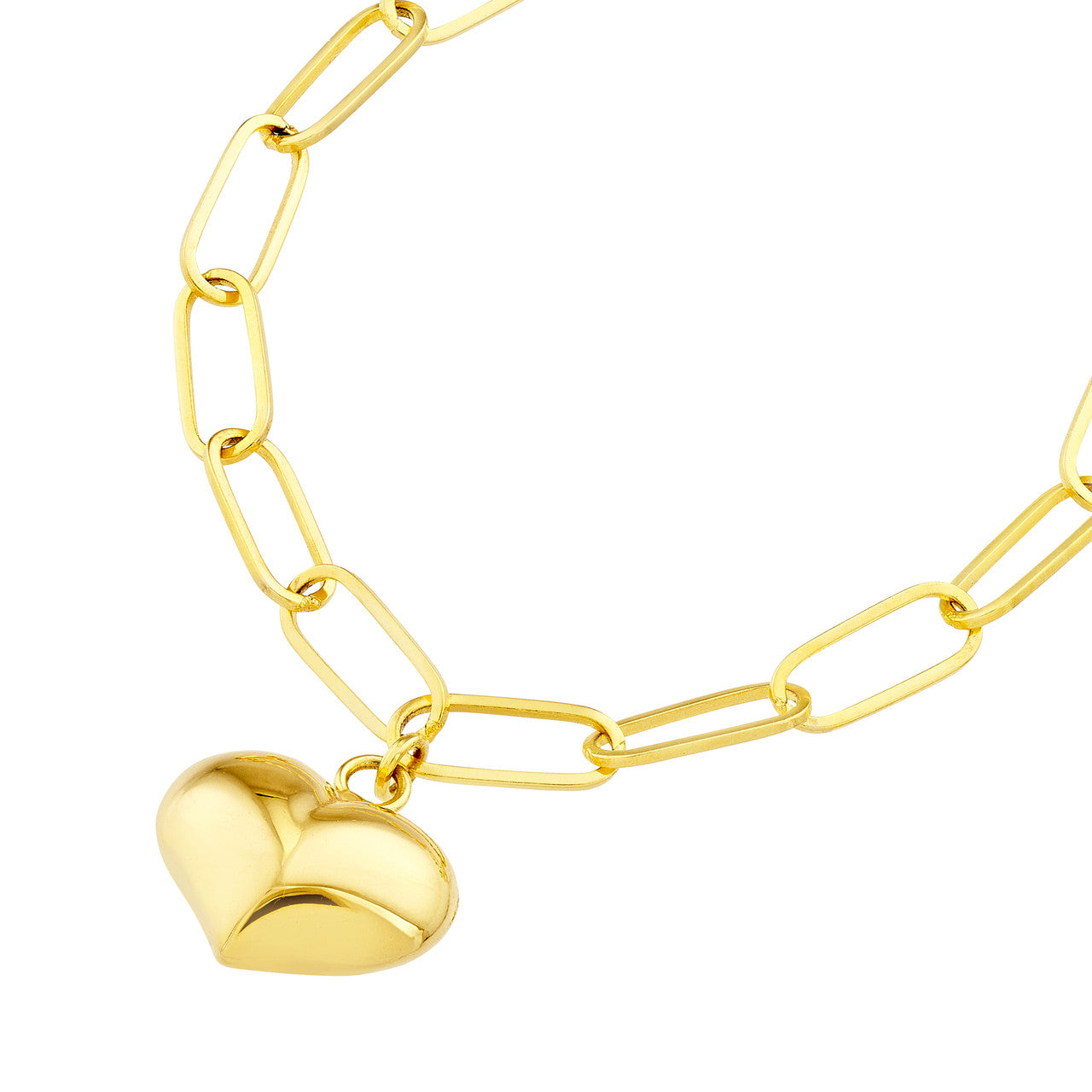 14k Gold Puffed Heart Paperclip Bracelet