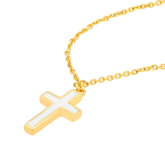 14k Gold White Enamel Cross Necklace