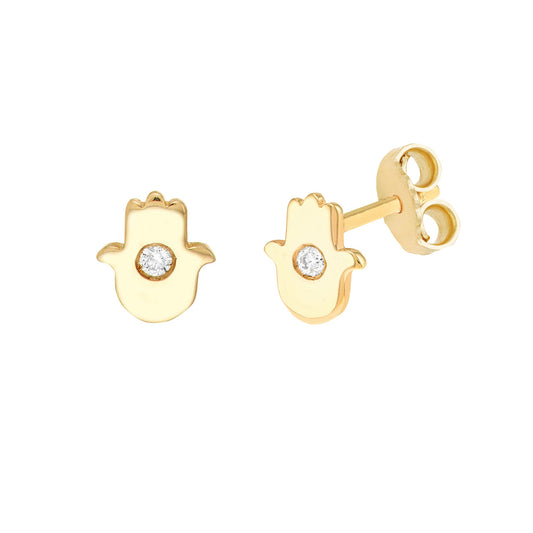 14k Gold Petite Diamond Hamsa Stud Earrings