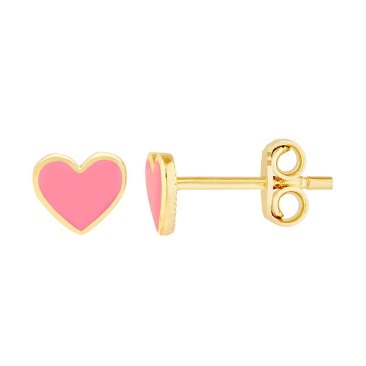 14k Gold Pink Enamel Heart Stud Earrings