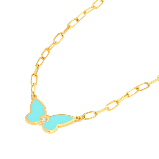 14k Gold Turquoise Butterfly On Paperclip Necklace