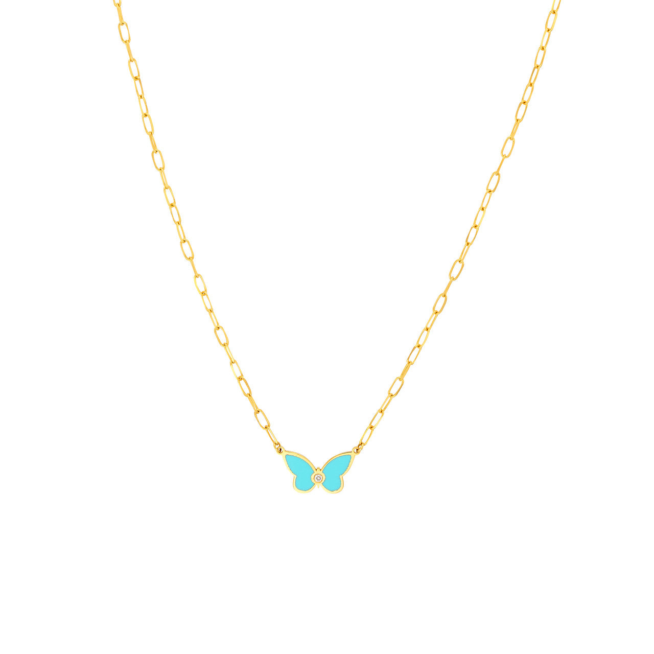 14k Gold Turquoise Butterfly On Paperclip Necklace